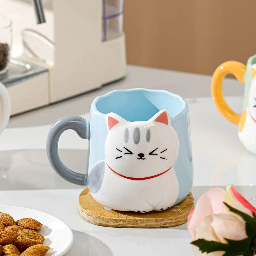 JUSTINLAU Tasse en céramique mignonne avec couvercle et cuillère, motif chat de dessin animé en relief, style japonais, tasse à café émaillée, tasse à thé en céramique