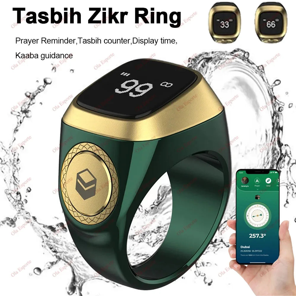 Compteur de doigts intelligent Qibla Tasbih pour musulmans Zikr Ring Digital Tasbeeh Rappel de vibration des 5 heures de prière Étanche Qibla Subhah