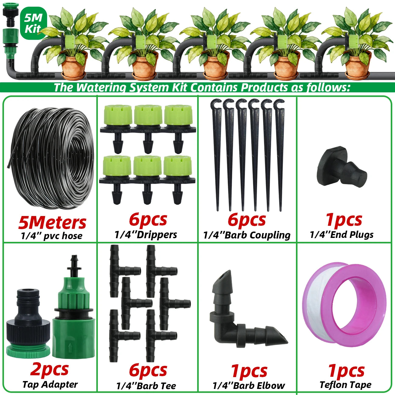 Kit d'irrigation goutte à goutte pour jardin 5-30M Tuyau 1/4'' Système d'arrosage automatique Économie d'eau portable réglable pour plantes et fleurs de serre
