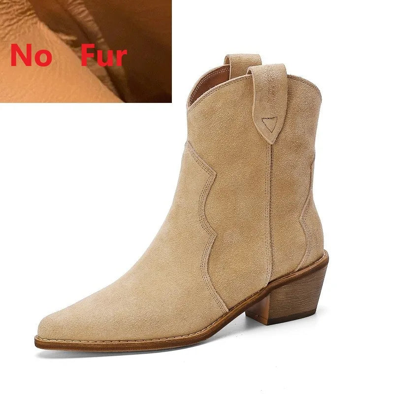 Bottes Chelsea pour femme en suède de vache à bout pointu et talon épais, bottines cousues, chaussures d'hiver, bottes western pour femme, printemps automne