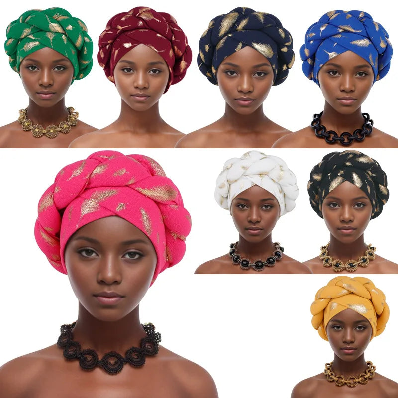 Afrikanische Bronzierung Kopfwickel Zopf Turban Kappen für Frauen Nigeria Hochzeit Geles Party Kopfbedeckung Haarteil Auto Gele Weibliche Kopfbedeckungen