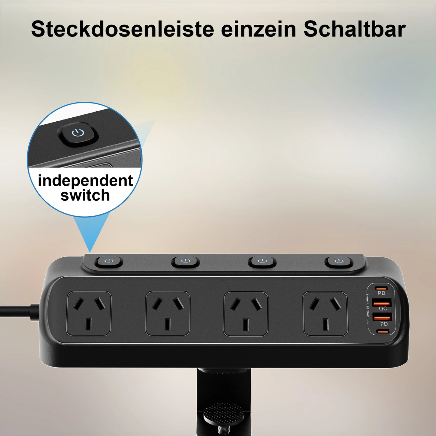 AU Plug Desk Clamp power board with 4 AC outlets 2 USB A and 2 USB C PD20W fast charging, 2m extension cord, multiprise socke