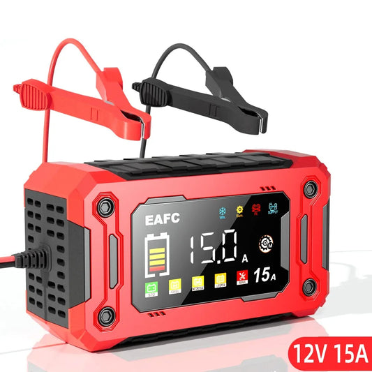 Neuestes 12V Auto Batterieladegerät 15A/8A Puls Reparatur Großes Display Smart Ladegerät für Auto Motorrad Blei-Säure AGM GEL Batterien