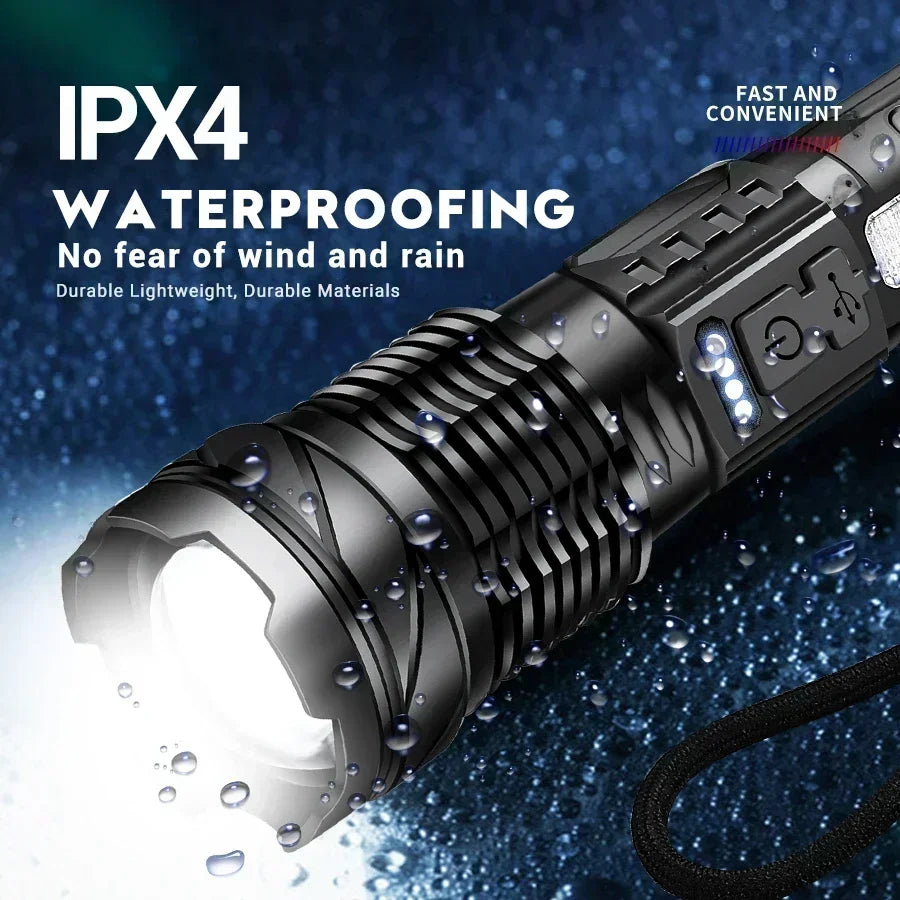 Super Big Flashlight USB Rechargeable Most Strong LED Flash Light Long Range Torch Zoom Outdoor With Digital Power Display
