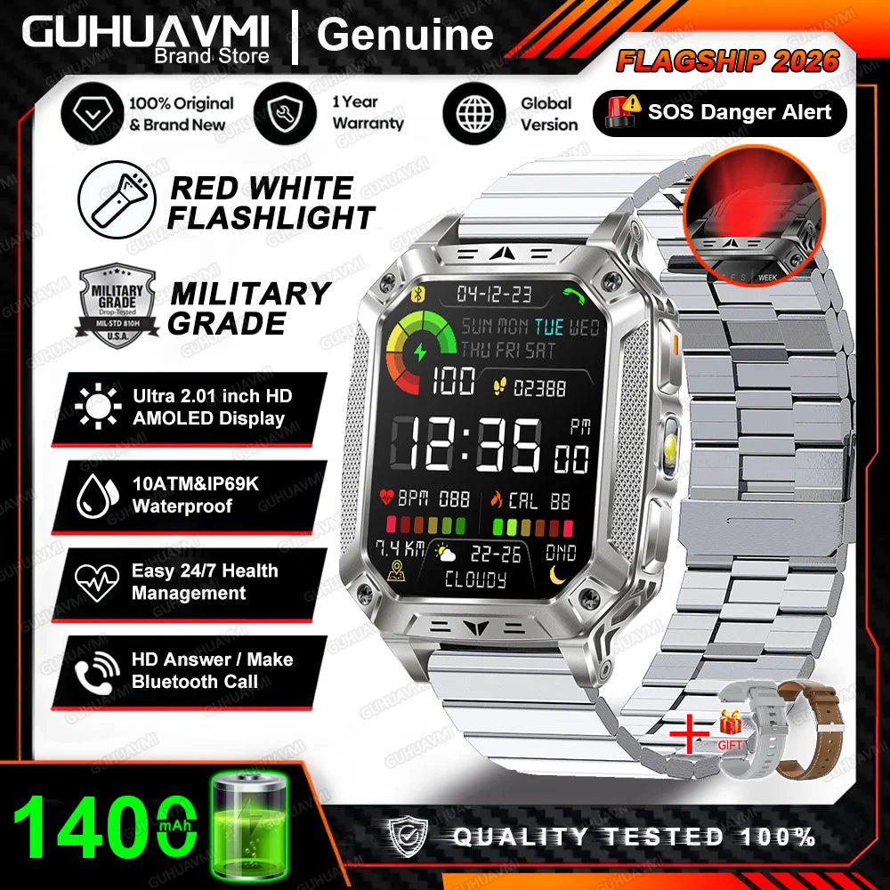 Montre connectée homme 2026 avec batterie ultra-large intégrée de 1400 mAh, GPS extérieur, écran AMOLED de 2,01", étanche 10 ATM, appel BT