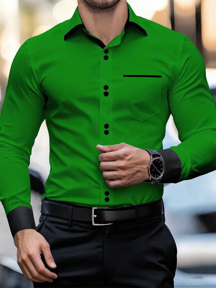 Chemise à manches longues et col color block pour hommes, coupe slim, infroissable, chemise patchwork noire et blanche, haut de mode pour hommes
