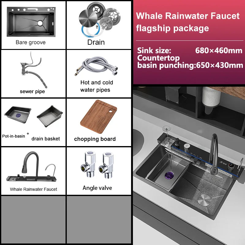 Stainless Steel Kitchen Sink Multifunctional Digital Display Waterfall Large Single Slot With Rack For Knife Wash Dish Basin