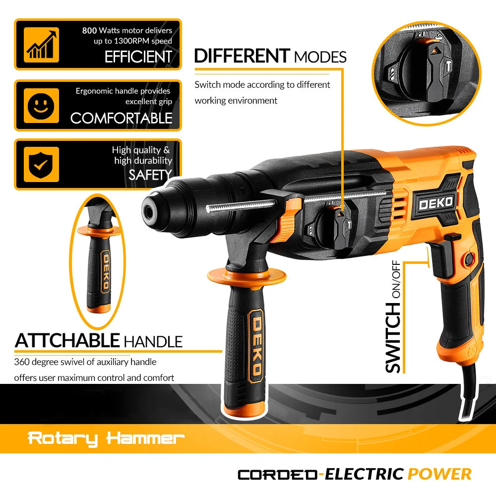 Perforateur rotatif DEKO 220 V avec boîte BMC, 600 W-1000 W, perceuse à percussion électrique, 6 accessoires