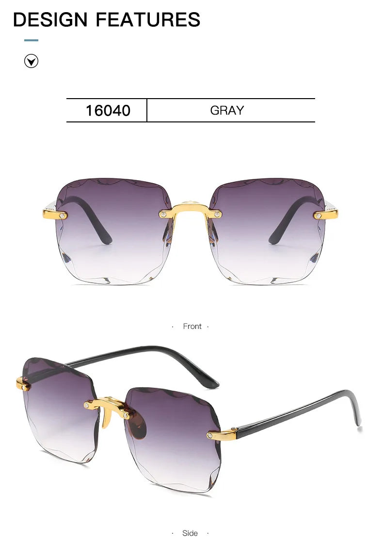 Randlose Damen-Sonnenbrille, modische Verlaufsgläser, Damensonnenbrille, Vintage-PC-Bügel, klassische Designer-Sonnenbrille für Herren
