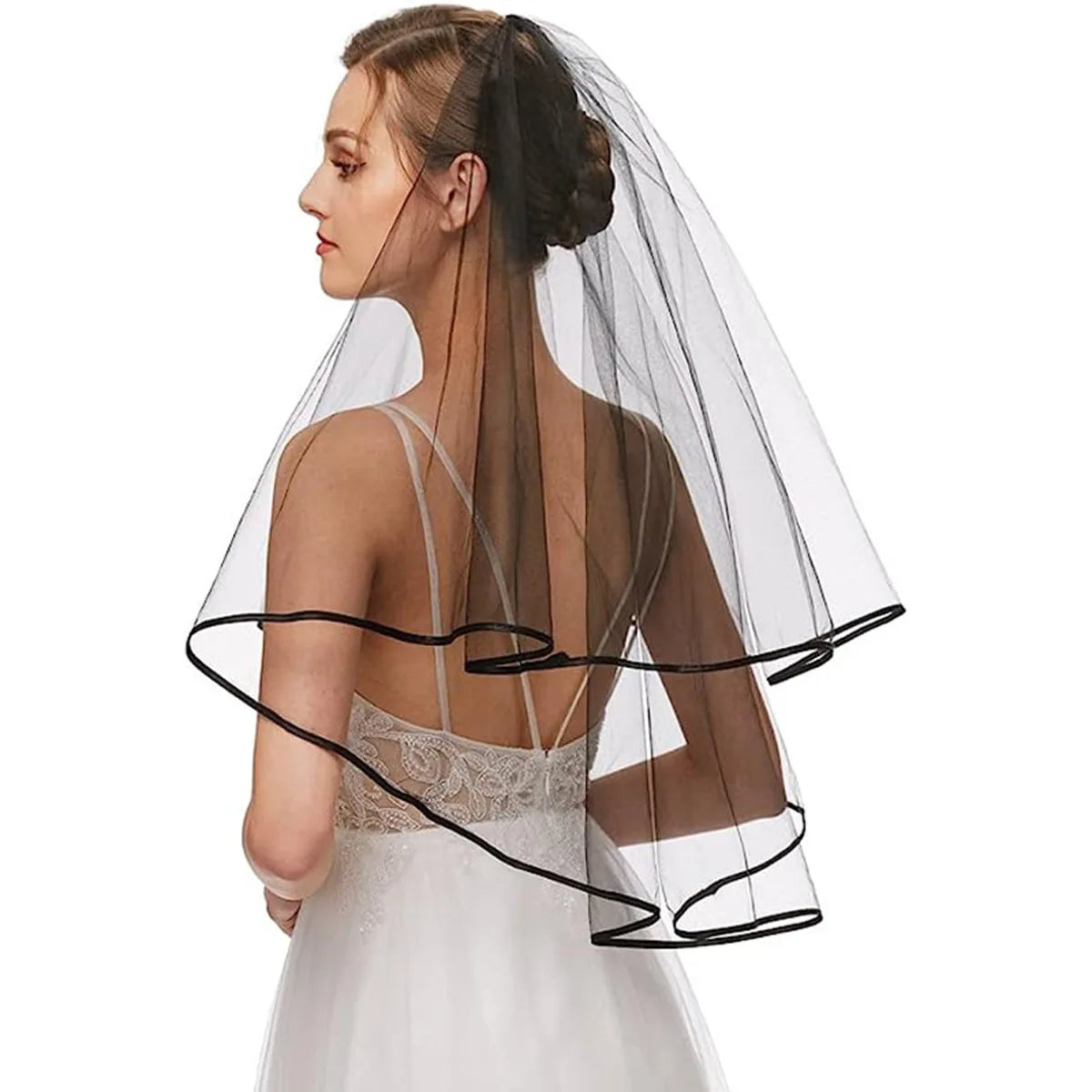 Gothic Schleierkante Brautschleier für Damen Accessoires 2 Lagen mit Kamm Hochzeit Party Kurzer Schleier Accessoires