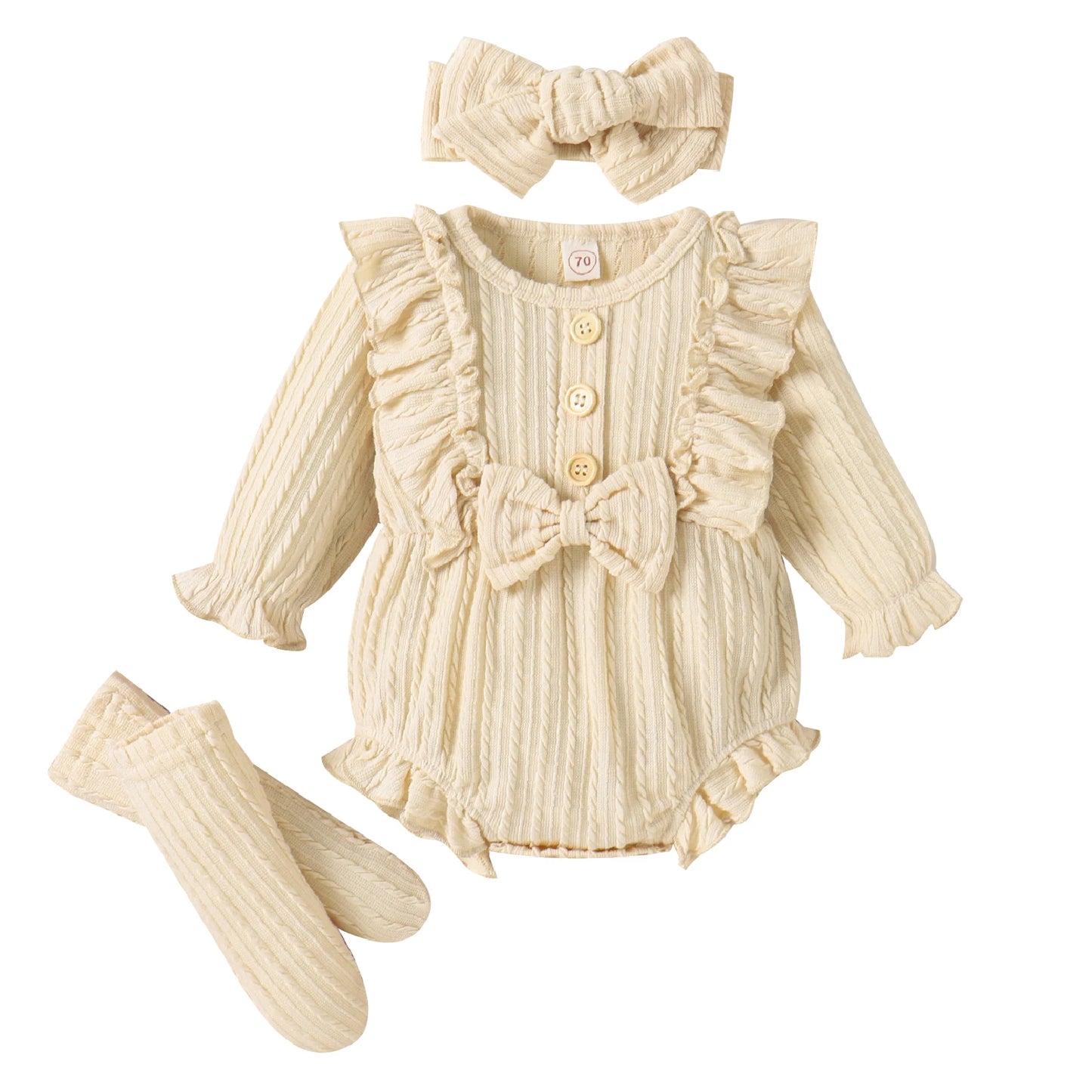 Ensemble 3 pièces printemps automne pour bébés filles, barboteuse à manches longues boutonnée avec volants + chaussettes + bandeau