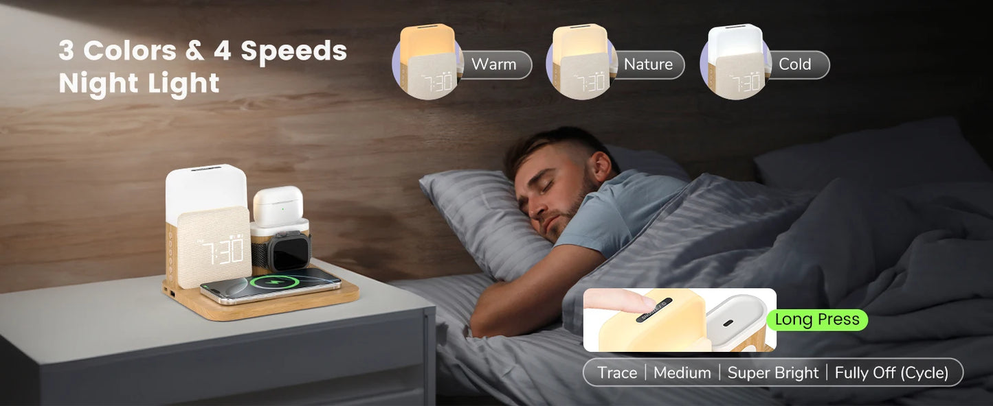 Chargeur réveil MagSafe 7-en-1 - Station sans fil pour iPhone 12-16/Samsung/Xiaomi/Huawei/Apple Watch/AirPods avec veilleuse