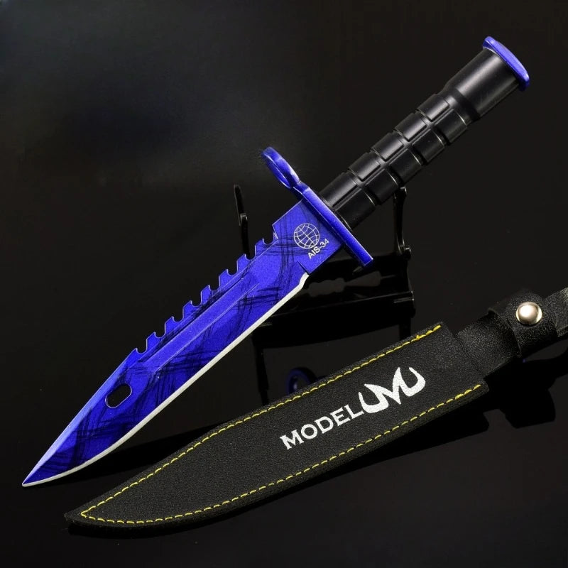 Couteau katana M9 Doppler bleu en cuir de 26cm/10.23in, pendentif de jeu, modèle d'arme en métal, accessoire de cosplay, ornements artisanaux, cadeaux