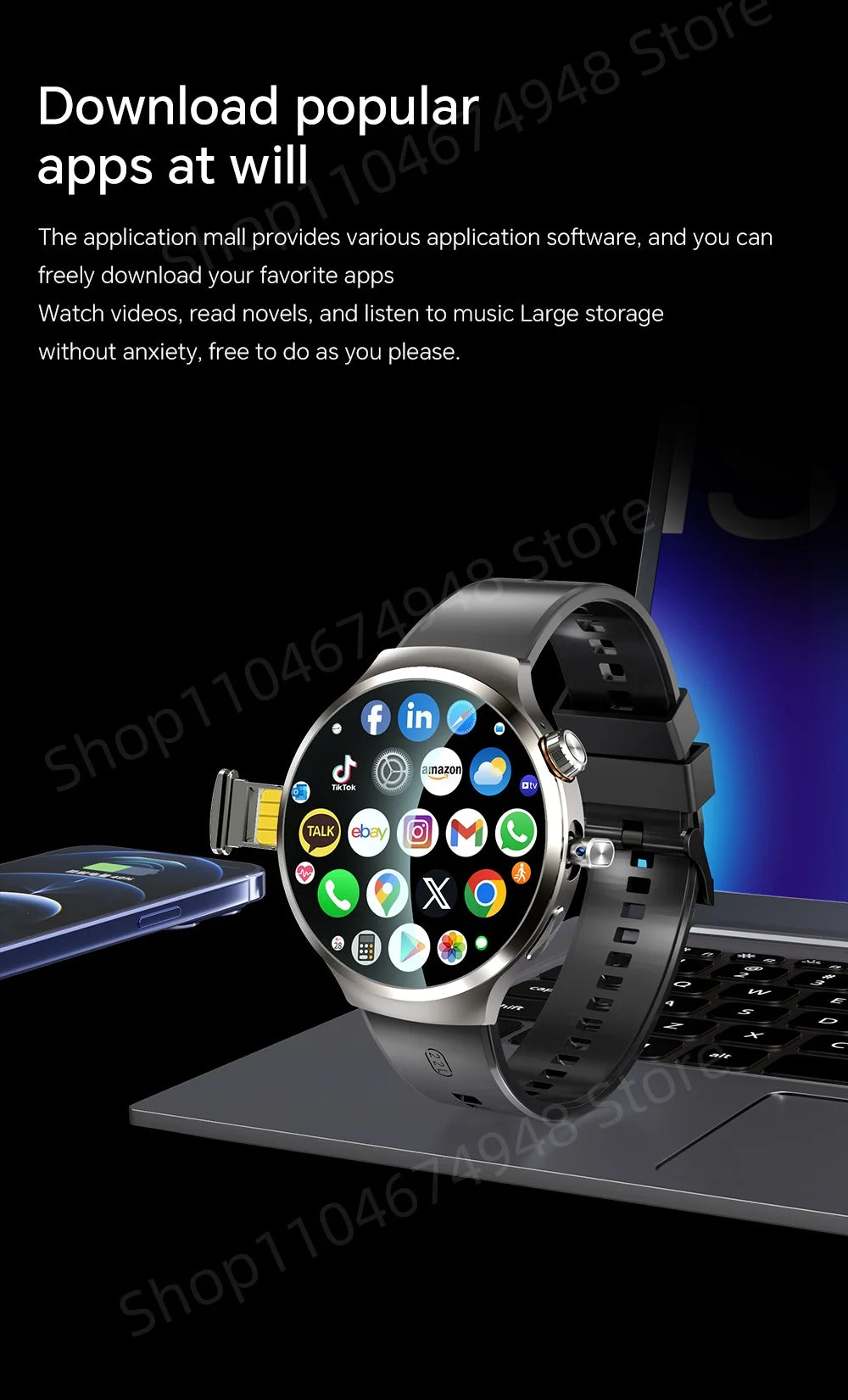 Montre intelligente 4G/5G Full Netcom 1,98 pouces Amoled avec caméra rotative à 210°, Android 13.0, double système GPS, batterie 1900 mAh
