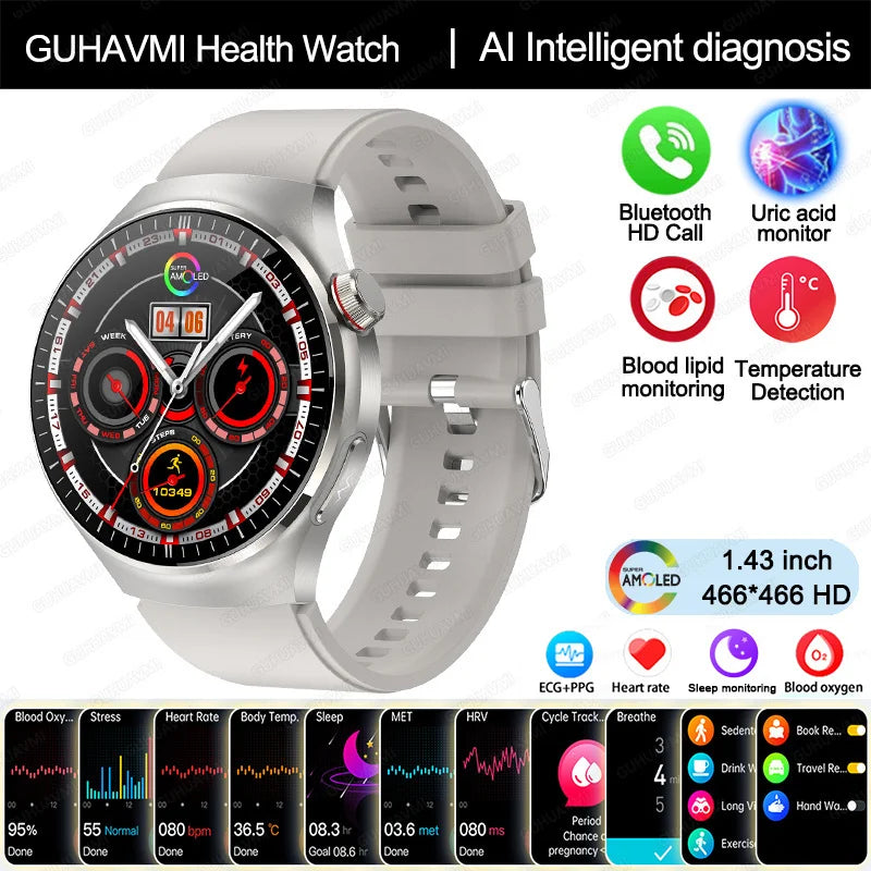 Montre Intelligente de Soins Infirmiers 2025 Montre connectée Santé, oxygène sanguin, lipides sanguins, acide urique, ECG+PPG, température corporelle, appel Bluetooth