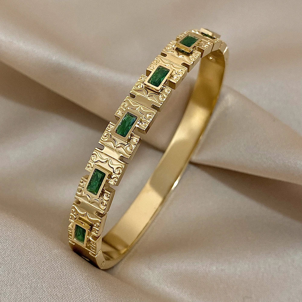 Manchette ouverte vintage en acier inoxydable avec zircon vert pour femmes, bracelet jonc large et épais, étanche, rond et brillant