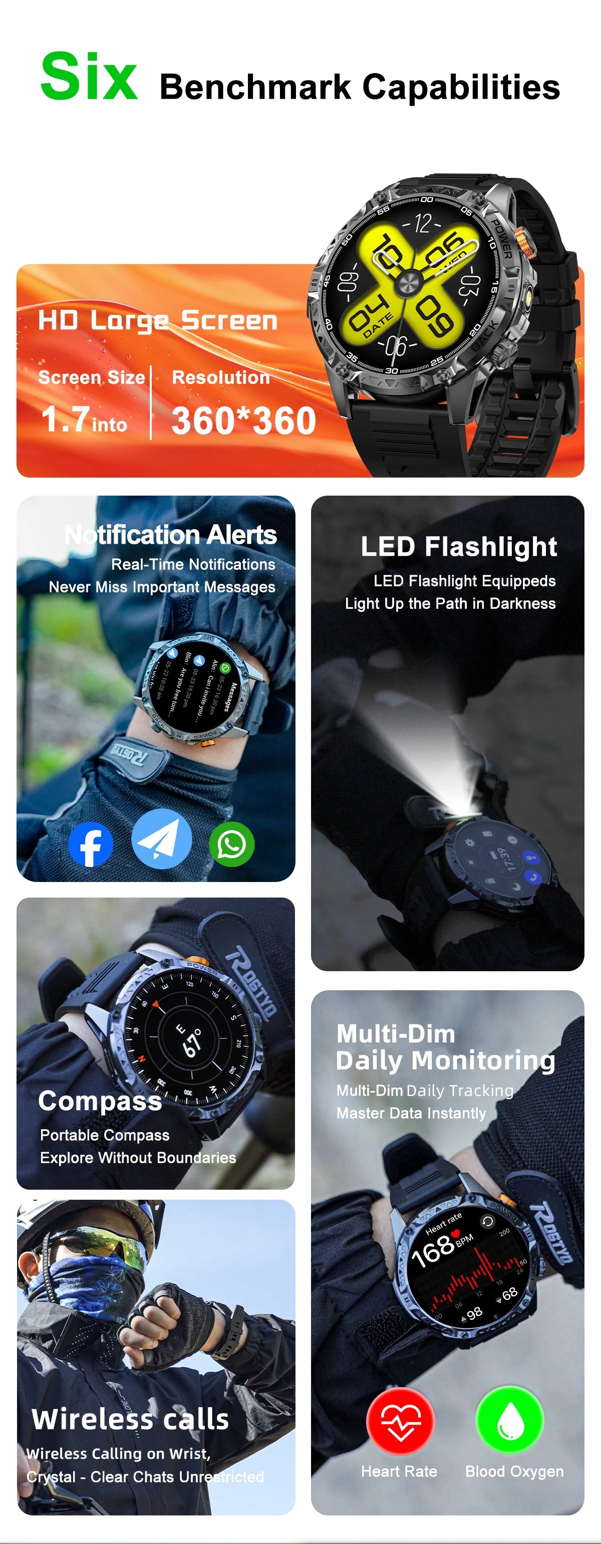 LIGE Nouvelle Montre Intelligente Militaire Hommes 1000mAh Batterie Super Capacité Bracelet Sportif Extérieur Moniteur de Fréquence Cardiaque Montre Connectée Étanche