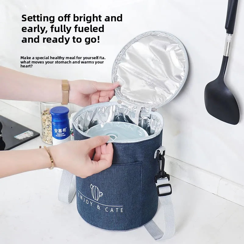 Große runde Thermische Lunchtasche Verdickte Aluminiumfolie Isolierte Bento-Tasche mit Reisbehälter Wärmetasche Mahlzeitenbeutel Oxford T...