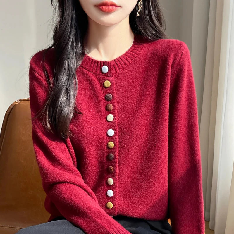 Cardigans Femme, Gilet Tricoté Chaud et Épais Boutonné à Col Rond Manches Longues pour l'Automne et l'Hiver, Haut de Chemise de Base