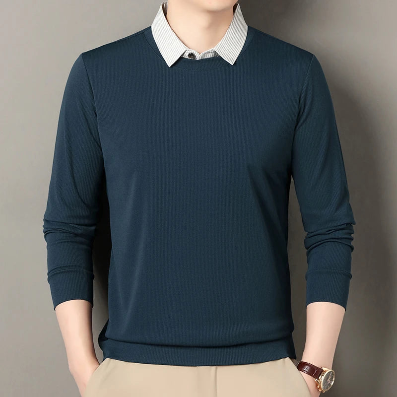Nouveau polo faux deux pièces pour homme 2025, décontracté, à la mode, à manches longues, col t-shirt, haut polyvalent