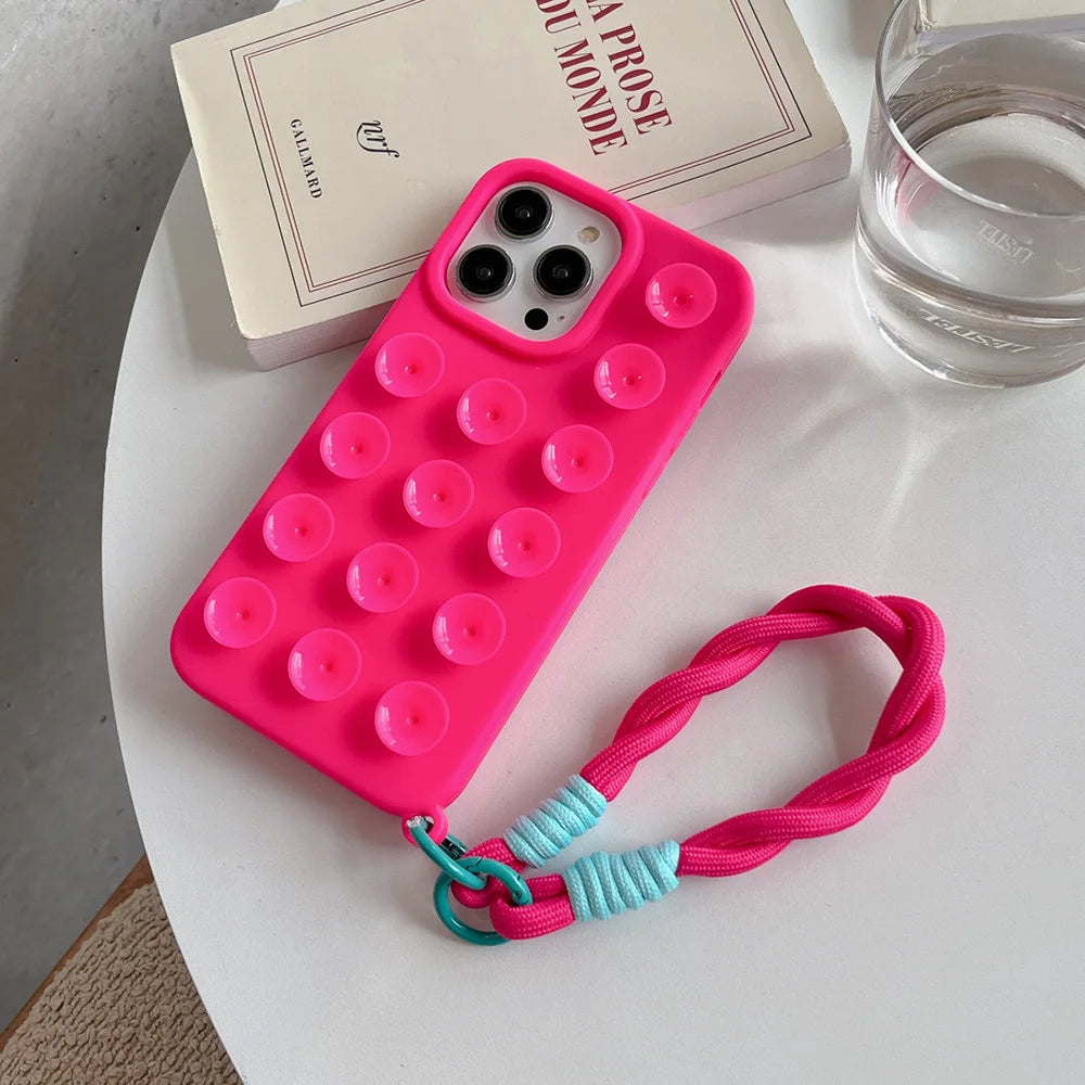 Suction Cup Phone Case For iPhone 16 Pro Max Case iPhone 17 13 11 12 14 15 Pro Max 14 Plus Wrist Strap Bracelet Lanyard Cover