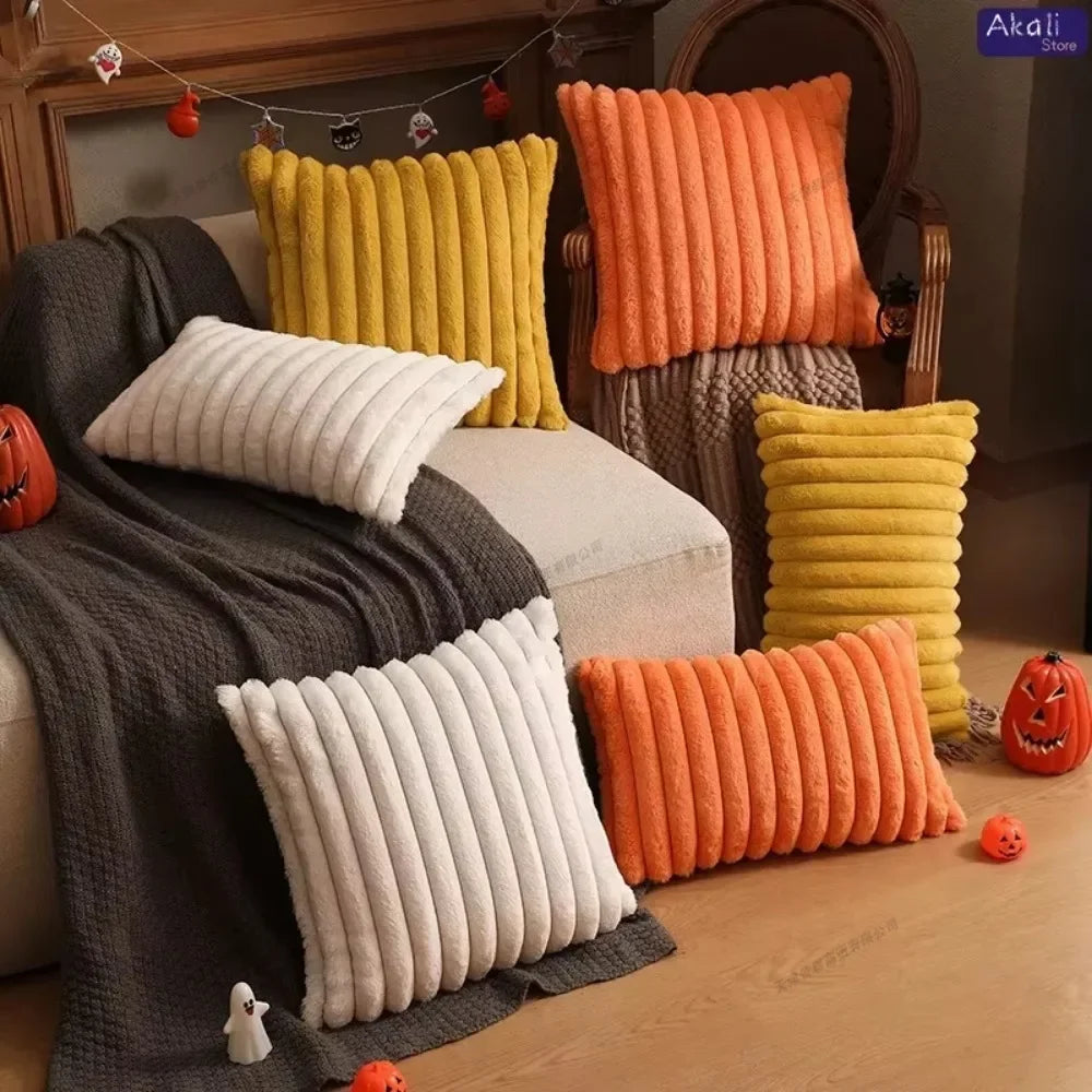 Housse de coussin en fausse fourrure de lapin, housse de coussin moelleuse et douce à rayures, oreillers décoratifs, décoration de luxe pour canapé