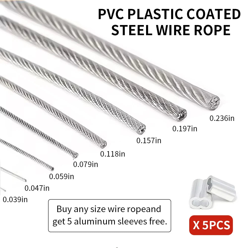 1/1.2/1.5/2/3/4/5mm cable rope, 5-20M PVC transparent coated steel cable rope, 304 stainless steel cable rope