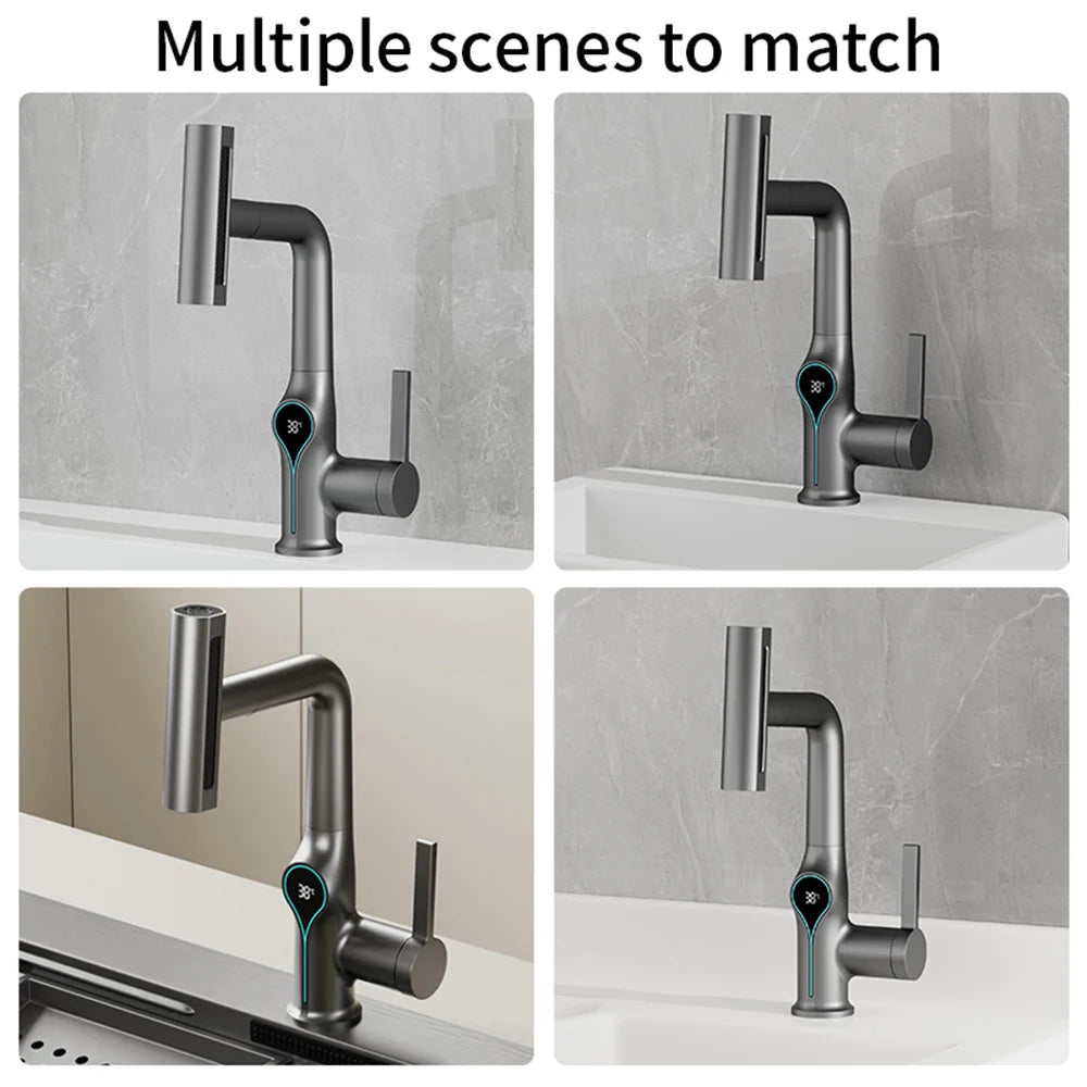 Robinet de lavabo numérique avec affichage de la température Cascade, pulvérisateur à jet relevable haut et bas, mélangeur chaud/froid pour salle de bain