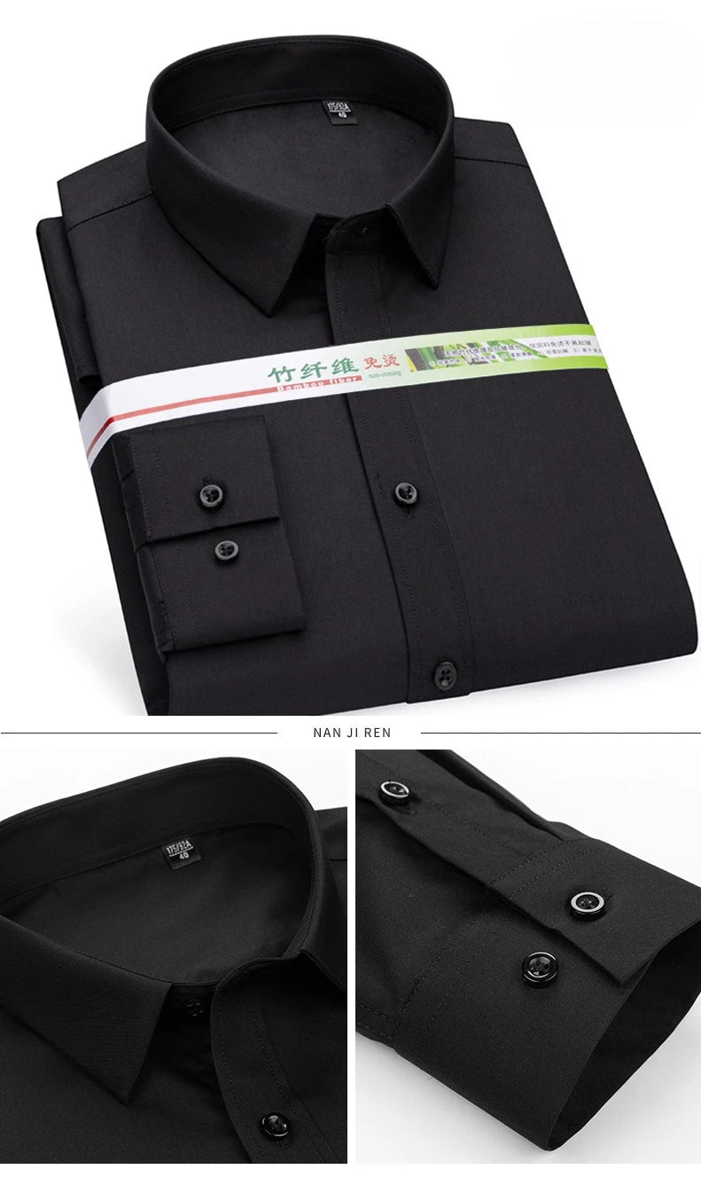 Chemise de Travail Blanche Homme en Fibre de Bambou Bleue 8XL Manches Longues Bureau Affaires Anti-rides Infroissable Décontractée