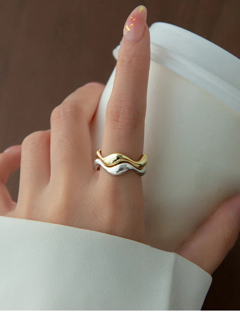 VENTFILLE 925 Sterling Silver Irregular Design Wave Golden Stackable Finger Rings Trendy Adjustable For Women Gifts Dropshipping