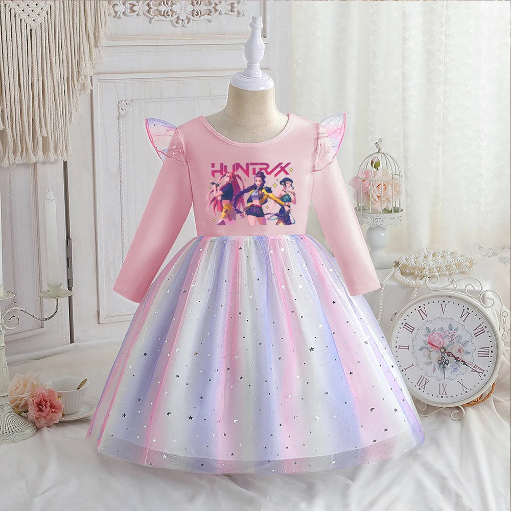 Kpop Demon Hunters Vêtements Enfants Robe de Princesse Manches Longues Printemps Robe Bébé Filles pour Fête d'Anniversaire Arc-en-ciel 2-8 Ans