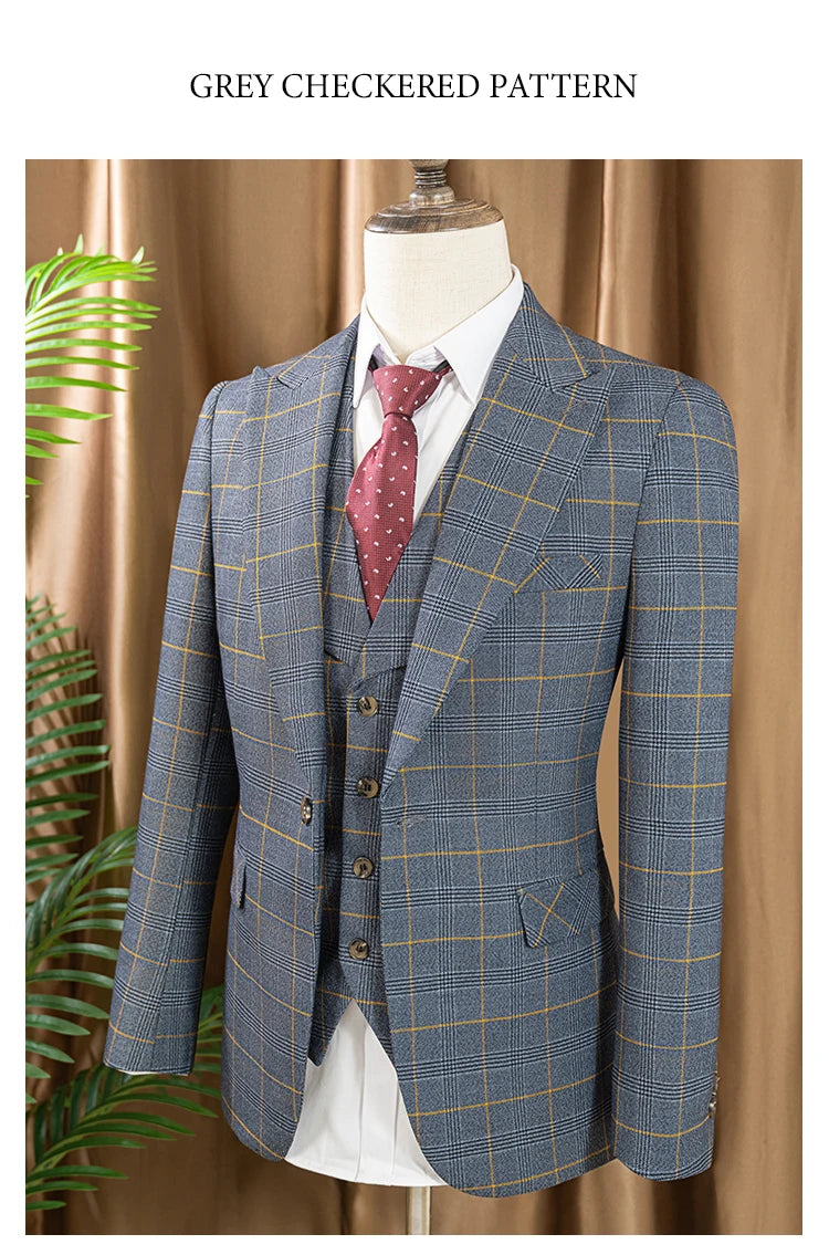 high quality 3 Piece Checkered Suit Set dark blue Stylish Business Office Wedding Formal Outfit Elegant full man dinner suit