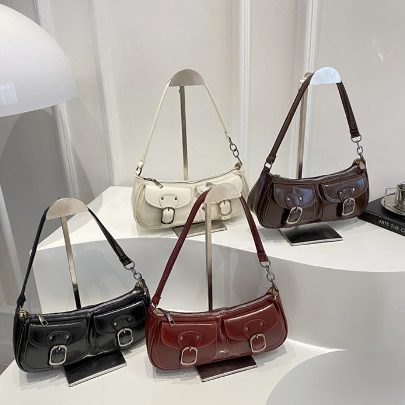 Fashion PU-Leder Damen Umhängetasche Kleine Doppel-Taschen Design Damen Achseltaschen Y2k Vintage Weibliche Handtaschen Clutch Geldbörse