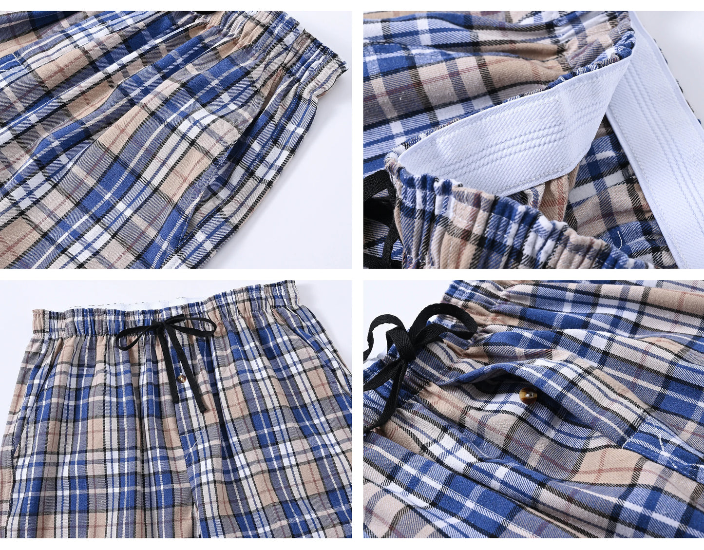 Pyjama Homme 3 Pièces Coton Carreaux, Pantalon de Pyjama Long Carreaux avec Taille Élastique pour Homme
