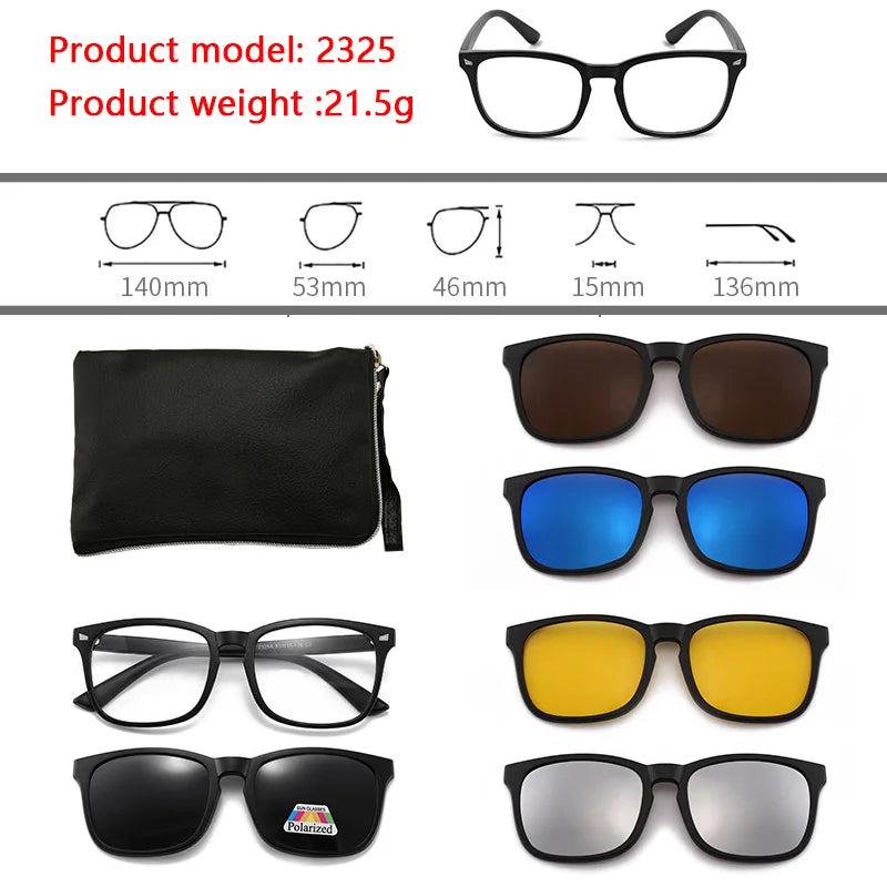 6 In 1 Polarized Sunglasses Men Women Magnetic Clip On Glasses TR90 Optical Prescription Eyeglass Frames Magnet Clips