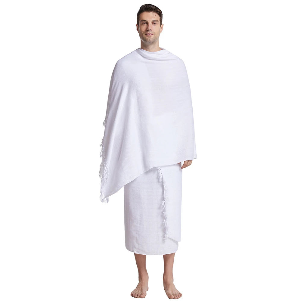 2 Stück Ihram-Pilger-Handtuch für muslimische arabische Mekka Hadsch-Kleidung Männer islamische Ramadan-Gebets-Gottesdienst-Kostüme Schal Jubba Set Thobe
