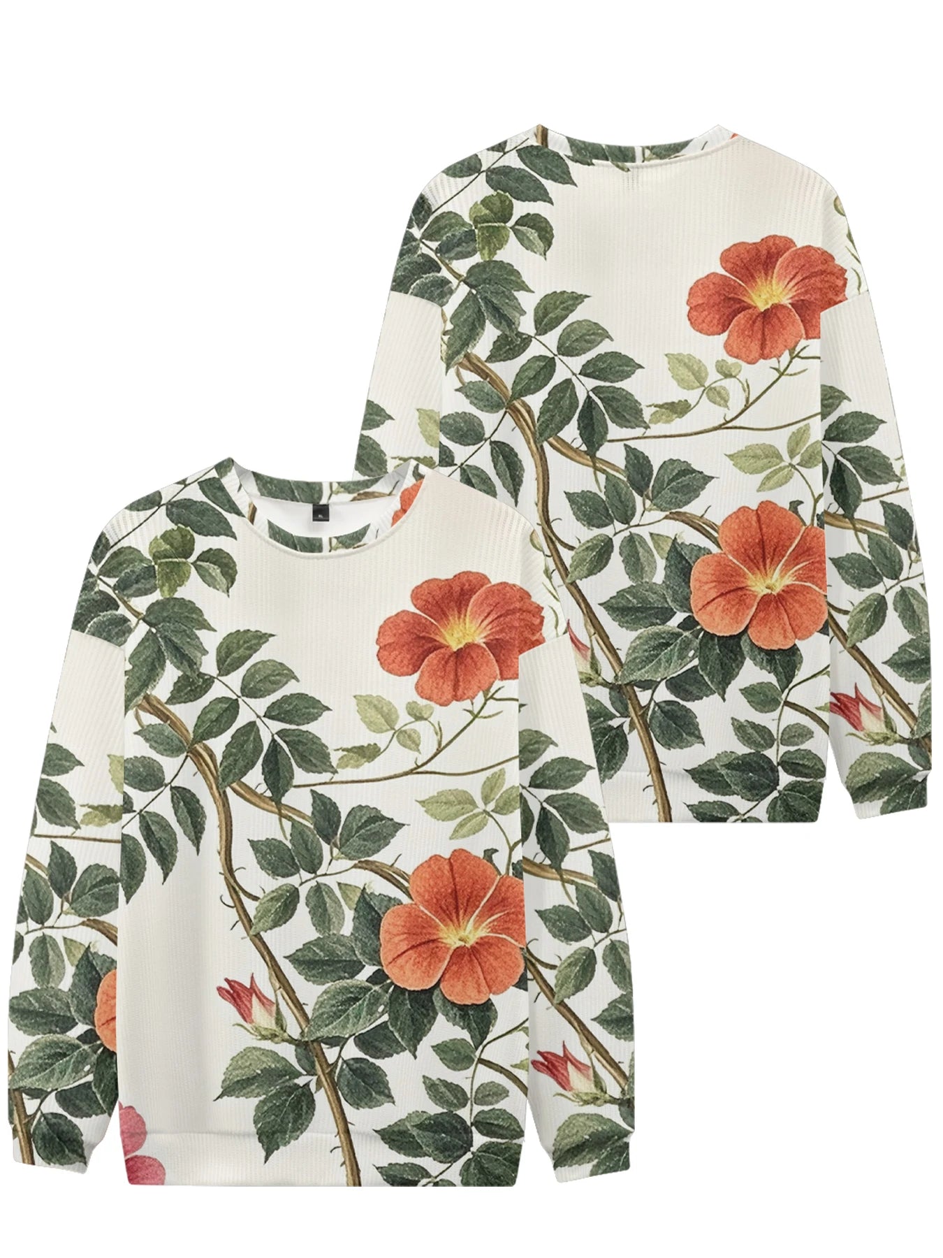 Lebhaftes weißes Rundhals-Sweatshirt mit Blumendruck, vollflächigem botanischen Design mit bunten Blüten und Blättern, lässige Frühlingsmode für Paare