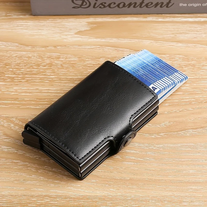 RFIDShieldPULather Automatic Pop-up Card Clamp,Double Aluminum Alloy Credit Card Wallet,With More than One Card Slots
