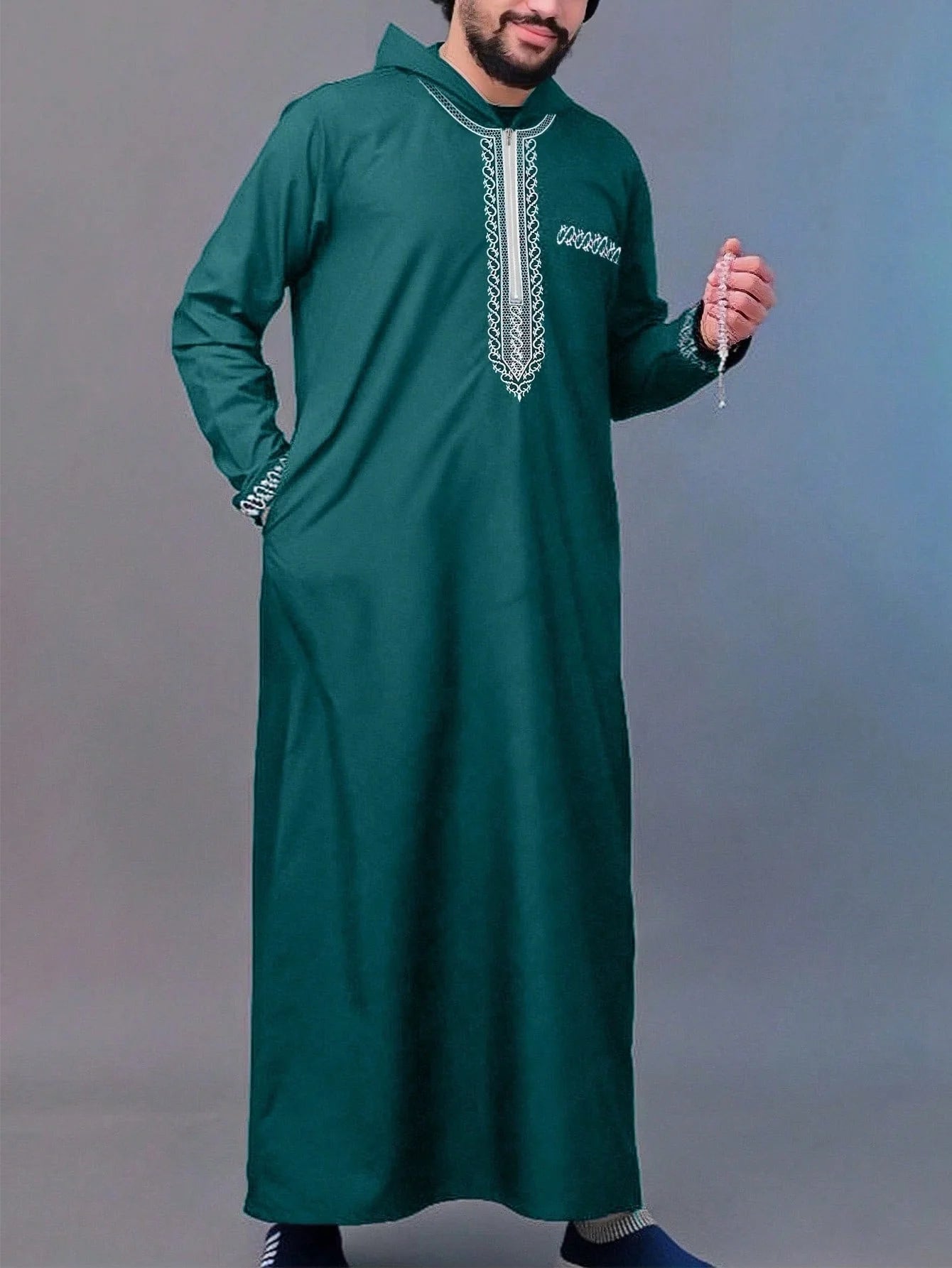 Moroccan men's thobe, long sleeve ethnic style embroidered stand collar zipper design Muslim men's fashionable Abaya Arabic fest