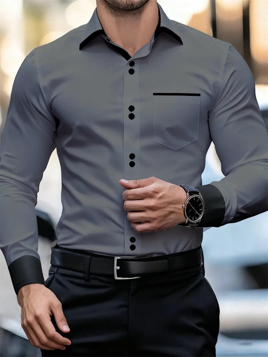 Chemise à manches longues et col color block pour hommes, coupe slim, infroissable, chemise patchwork noire et blanche, haut de mode pour hommes
