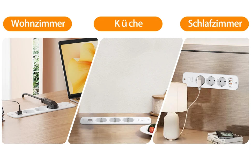 EU-Steckdosenleiste für den Schreibtisch, 3/4-fach + 4 USB-Smart-Schnellladeports, Hauptschalter, 2 Meter Feder-Verlängerungskabel
