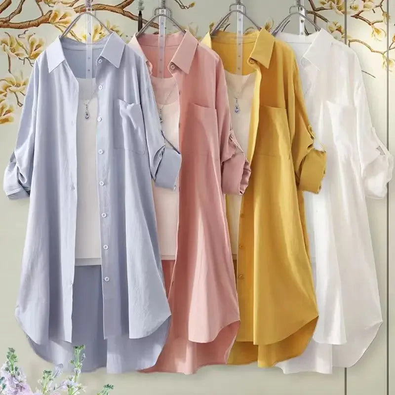Chemisier ample grande taille respirant Chemise mi-longue coréenne décontractée Chemises d'automne Femme Chemises unies simples à manches longues