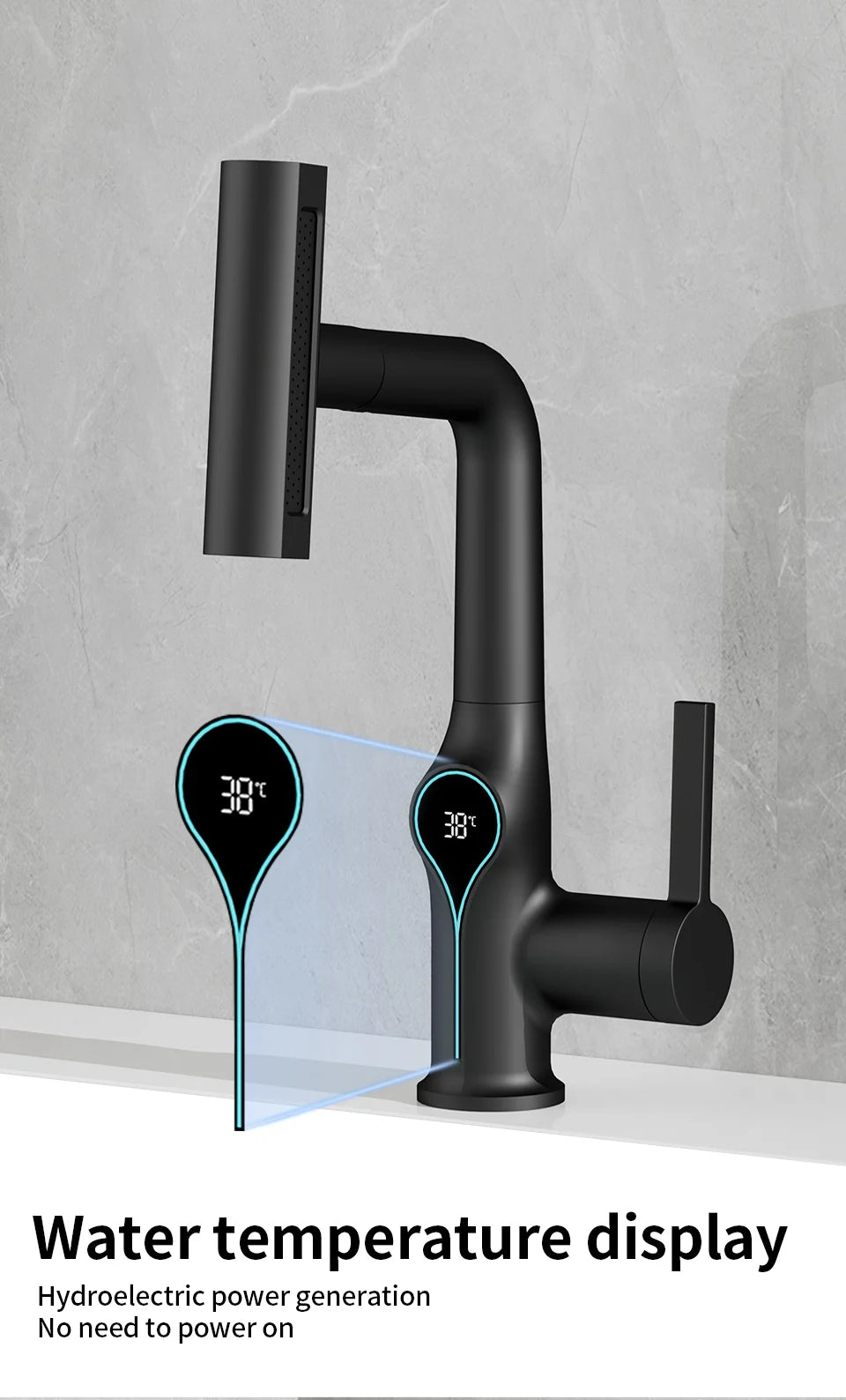 Robinet de lavabo numérique avec affichage de la température Cascade, pulvérisateur à jet relevable haut et bas, mélangeur chaud/froid pour salle de bain
