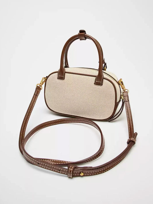 2025 Neue Nische Retro Color-Blocking Handtasche klein, stilvolle Umhängetasche aus Segeltuch und PU, kleine quadratische Tasche, Einzelschulter-Bowlingb
