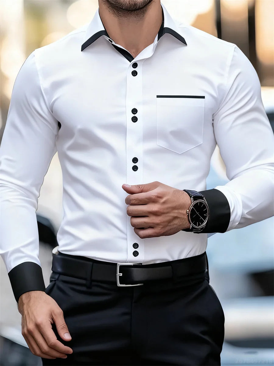 Chemise à manches longues et col color block pour hommes, coupe slim, infroissable, chemise patchwork noire et blanche, haut de mode pour hommes