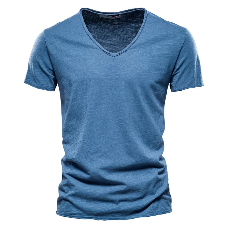 AIOPESON 5 PCS SET 100% COTTON V-neck T-shirts Men Casual Slim Fit Solid Color Summer T Shirt for Men Brand New Quality
