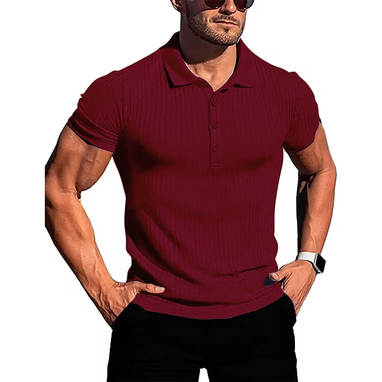 Herren Lauf-Sport-Fitnessbekleidung Sommer hochelastisches, vertikales Kurzarm-Polo-Shirt schlankes Strick-Basis-Shirt