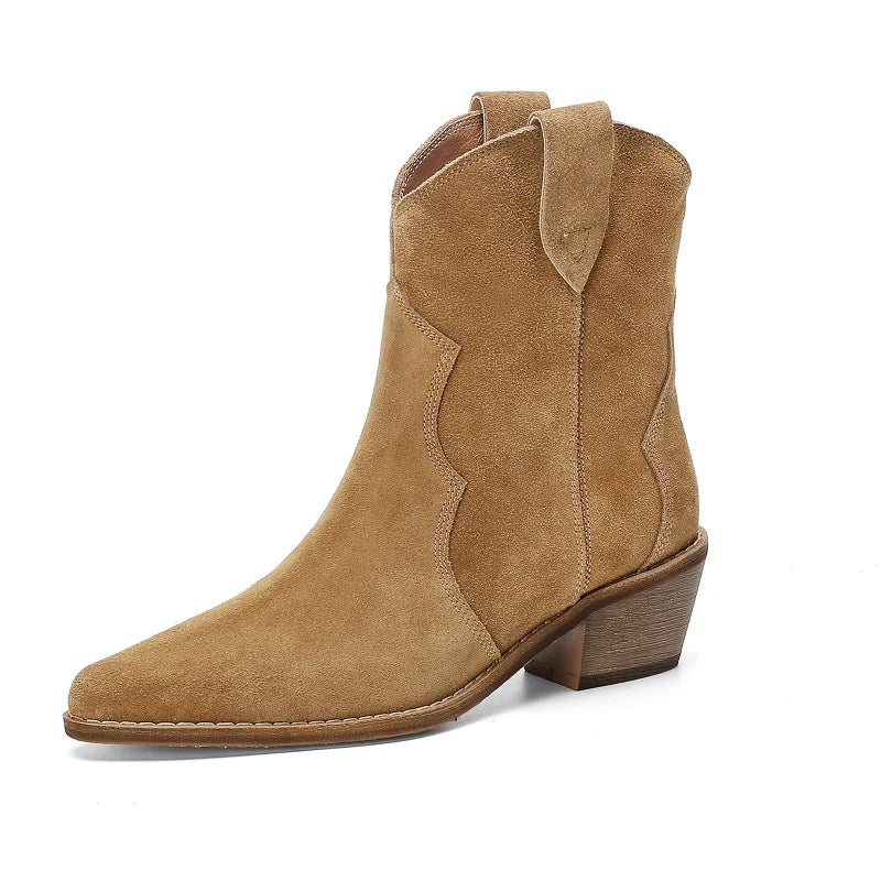 Bottes Chelsea pour femme en suède de vache à bout pointu et talon épais, bottines cousues, chaussures d'hiver, bottes western pour femme, printemps automne