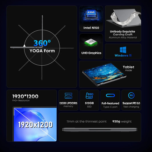 CHUWI MiniBook X N150 Laptop 10,51 Zoll 16 GB / 12 GB RAM 512 GB SSD 2-in-1 Yoga-Modus Intel Windows 11 Notebook 360° klappbar WiFi 6