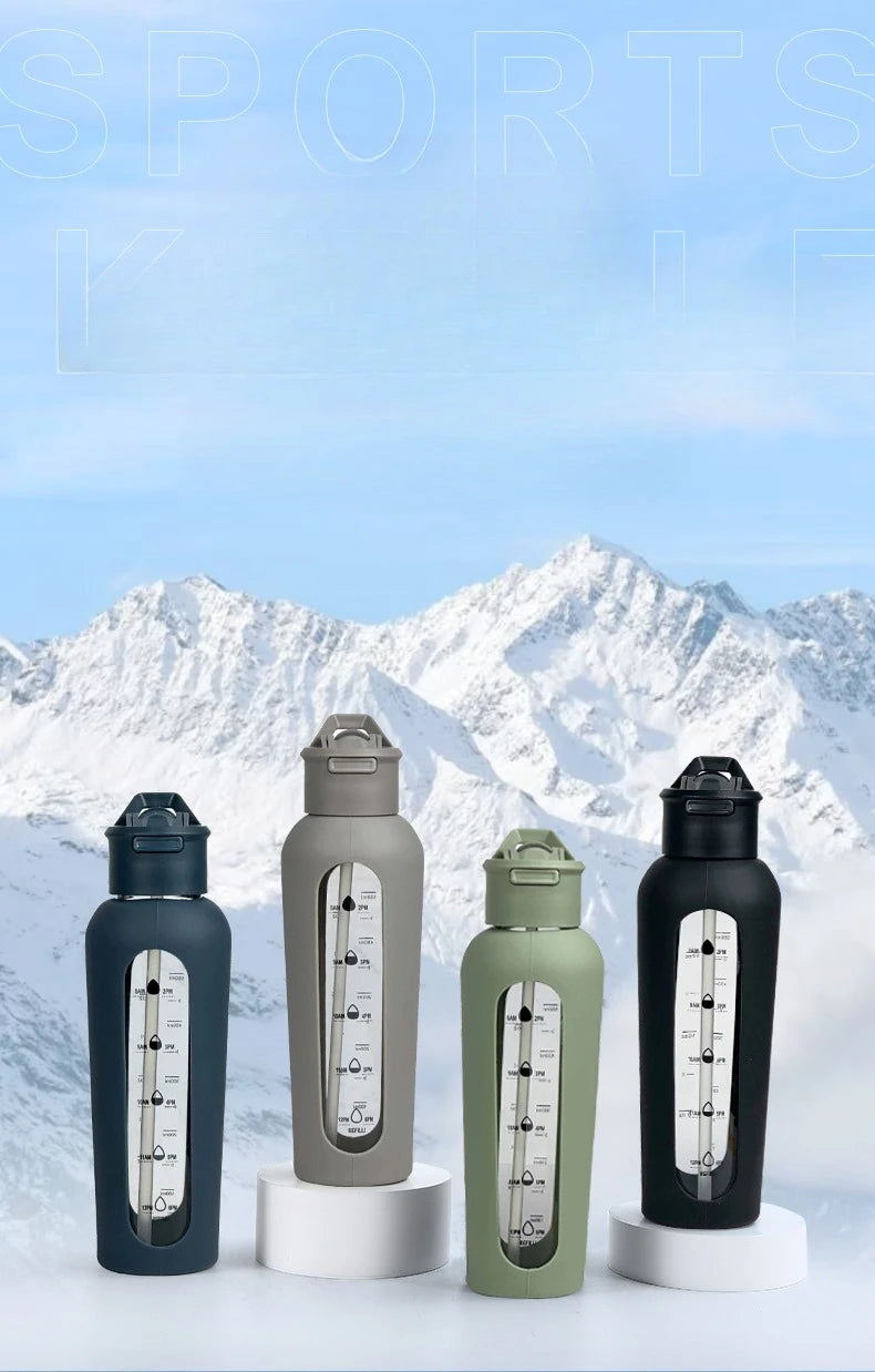 700Ml Handheld Cover Portable Sports Kettle Large Capacity Straw Cup with Graduated Silicone Cover Single-layer Glass Bottle